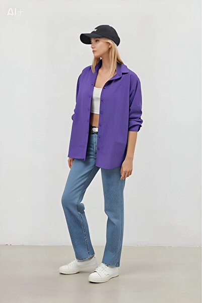 hazelin Kadın Mor Oversize Uzun Basic Gömlek Hzl22w-bd139001