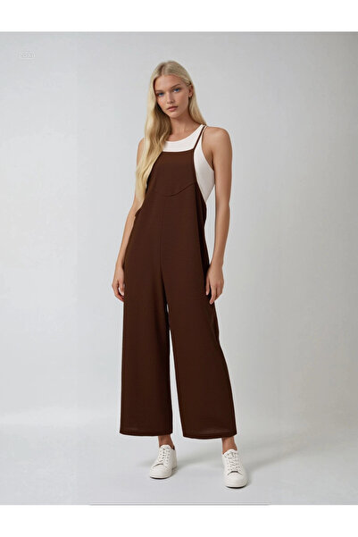 hazelin Γυναικεία φόρμα κηπουρικής με ρυθμιζόμενο λουράκι σοκολάτας με φαρδιά πόδι HZL22S-BD 170191