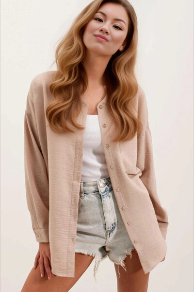 hazelin Γυναικείο λινό πουκάμισο Oversize - με μία τσέπη, χρώμα μπισκότου HZL24S-BD1201531