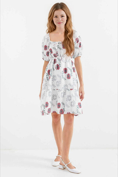 hazelin Bela Cvetni dezen Poplin haljina - Naborano izrez, elastični struk, Z...