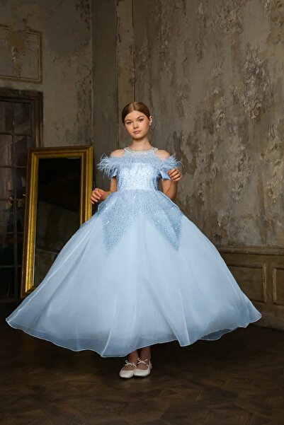 By Feyza Kids Collection Kız Çocuk Abiye Elbise Kabarık Taş Süslemeli Pullu Prenses Model – Pembe Beyaz Mavi – 7-14 Yaş
