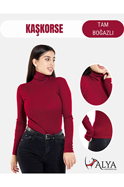 ALYA UNDERWEAR قميص قصير برقبة كاملة، قماش مضلع، ليكرا، أحمر كلاريت