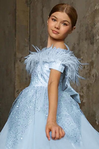 By Feyza Kids Collection Kız Çocuk Abiye Elbise Kabarık Taş Süslemeli Pullu Prenses Model – Pembe Beyaz Mavi – 7-14 Yaş