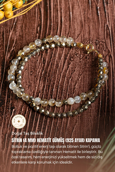 Sitrin (4 mm) Hematit Gümüş (925 ayar) Kapama Doğal Taş Bileklik
