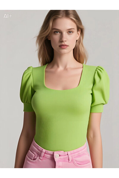 hazelin Γυναικεία πλεκτή μπλούζα με τετράγωνο γιακά σε πράσινο χρώμα φιστίκι HZL22W-BD104091