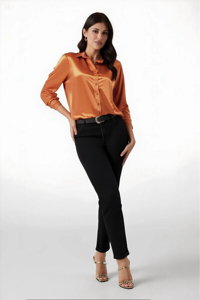 hazelin Women's Orange Light Flowy Satin Surface Shirt Hzl22W-Bd139641