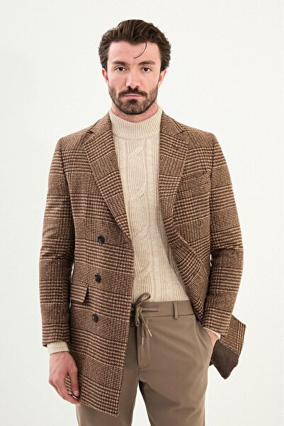 Mcr Plaid Slim Fit Wide Collar Double Breasted Wool Men's Coat Brown - 21328.25K