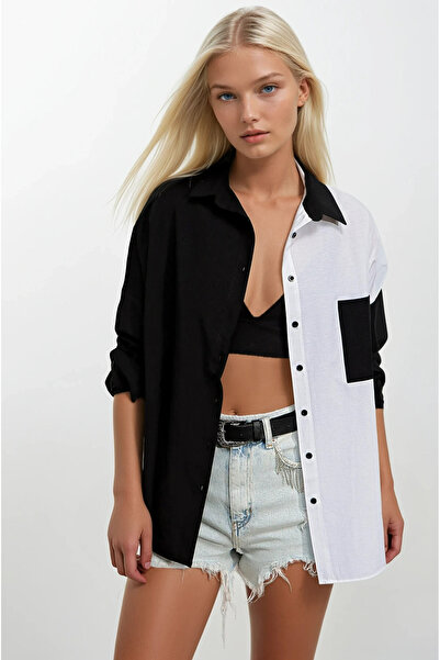 hazelin Cămașă de bază din popelin cu blocuri de culoare alb-negru pentru femei HZL22S-BD1201161