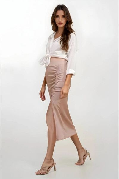 hazelin Γυναικεία μακριά φούστα σε μπεζ χρώμα με ελαστική μέση και σκίσιμο στο κάτω μέρος HZL22S-BD118801