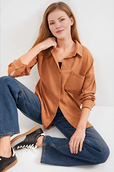 hazelin Camel Linen Oversize Shirt - Single Pocket, HZL24S-BD1201531