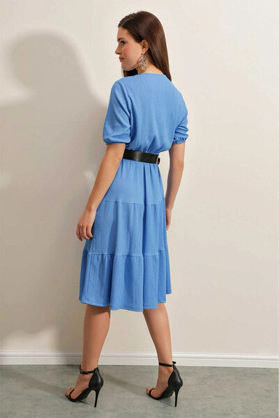 hazelin Rochie tricotată pentru femei, albastră, cu decolteu în V, cu talie elastică, cu centură neagră HZL23S-BD123771