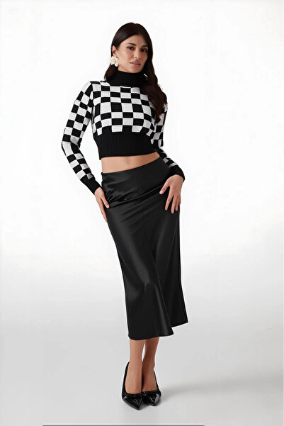 hazelin Women's Plain Black Satin Finished Midi Length Skirt with Elastic Waist Hzl23s-bd1101471