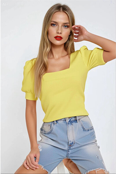 hazelin Women's Yellow Square Collar Knitted Blouse HZL22W-BD104091
