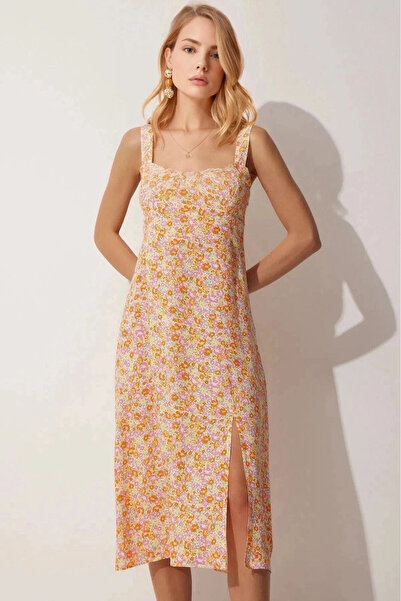 hazelin Kadın Sarı Oranj Kare Yaka Çiçekli Yazlık Viskon Elbise HZL23S-BD122821