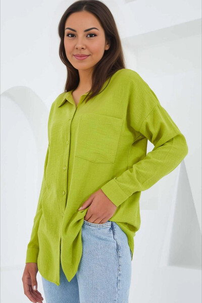 hazelin Λινό πουκάμισο φιστίκι πράσινο oversize - με μία τσέπη, HZL24S-BD1201531