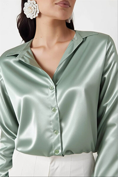 hazelin Γυναικείο πουκάμισο με πράσινο ελαφρώς ντραπέ σατέν επιφάνεια Hzl22w-bd 139641