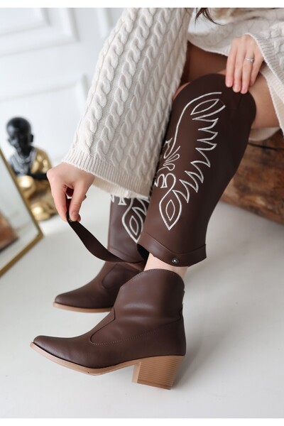 Epilons Jilla Kahverengi Cilt Tak Çıkar Topuklu Bot Ve Çizme - Lisinya