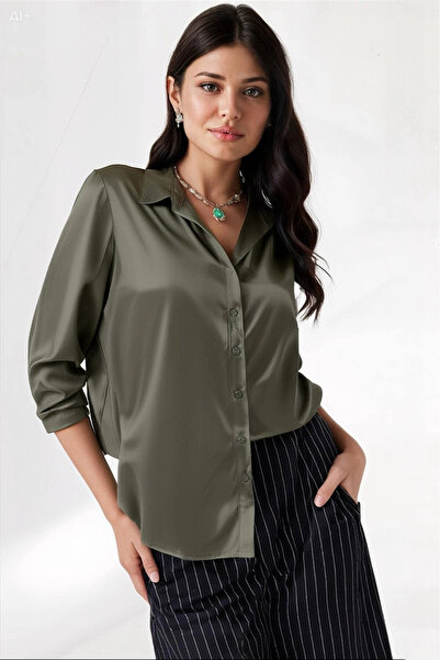 hazelin Kadın Haki Hafif Dökümlü Saten Yüzeyli Gömlek Hzl22w-bd139641