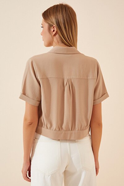 hazelin Kadın Bej Cepli Düğmeli Kısa Kollu Yazlık Crop Gömlek Ceket HZL22S-BD106631