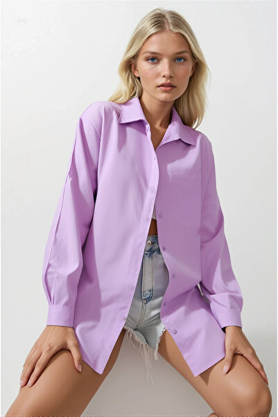 hazelin Γυναικείο πουκάμισο λιλά Oversize Μακρύ Basic Hzl22w-bd139001