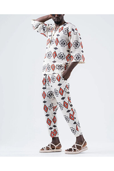 hazelin Ανδρικό λευκό μοτίβο γεωμετρίας με κορδόνι μέσης ίσιο παντελόνι Φούτερ HZL24S-MXC8948-149