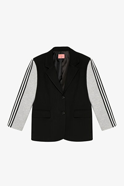 Quzu Stripe Detailed Garnished Oversize Blazer Jacket Black