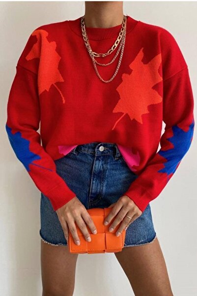 lovebox Women's Leaf Patterned Crew Neck Oversize Red Knitwear Sweater 0162