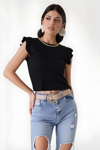 hazelin Γυναικεία πλεκτή μπλούζα με μαύρο βολάν με αλυσίδα HZL22S-BD104301