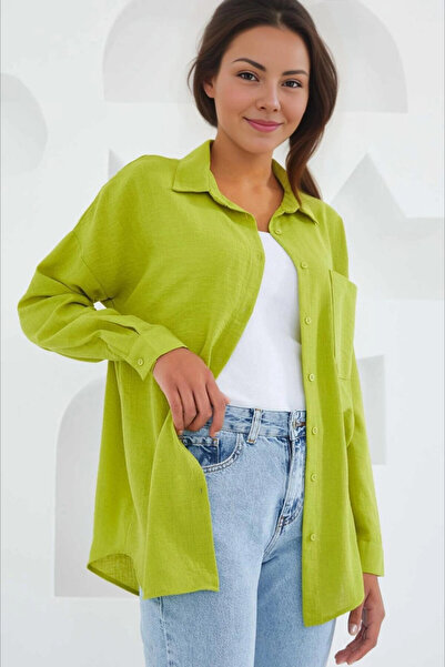 hazelin Λινό πουκάμισο φιστίκι πράσινο oversize - με μία τσέπη, HZL24S-BD1201531