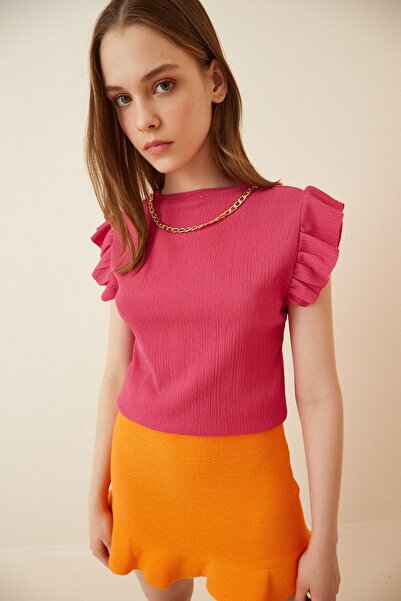 hazelin بلوزة محبوكة بأكمام مكشكشة وسلسلة للنساء باللون الوردي الداكن HZL22S-...