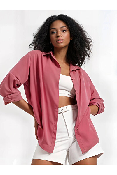 hazelin Γυναικείο μακρύ βασικό πουκάμισο σε σκούρο χρώμα Dusty Rose Oversize HZL22W-BD139001