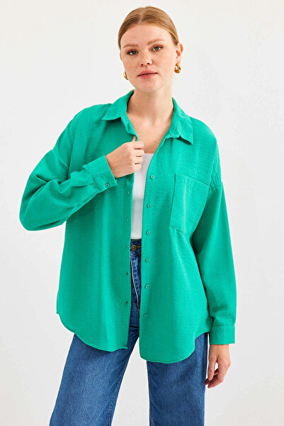 hazelin Παντελόνι Water Green Oversize Linen - Μονό τσεπάκι, HZL24S-BD1201531