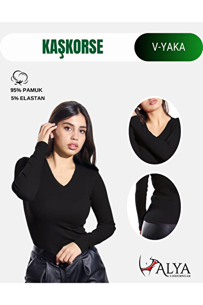 ALYA UNDERWEAR Pamuklu Kaşkorse V Yaka Body Sweatshirt, Fitilli Kumaş Likralı Bluz, Siyah Badi