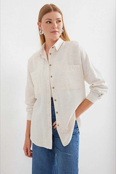 hazelin Kadın Ekru Oversize Çift Cepli Keten Gömlek HZL22S-BD1201261
