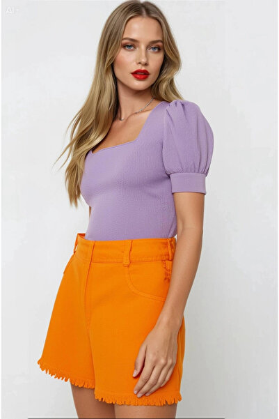 hazelin Bluză tricotată cu gât pătrat liliac pentru femei HZL22W-BD104091