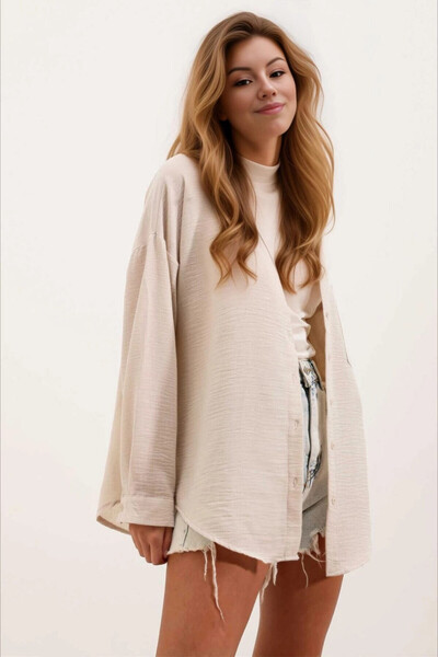 hazelin Ανοιχτό μπεζ λινό πουκάμισο Oversize - με μία τσέπη, HZL24S-BD1201531