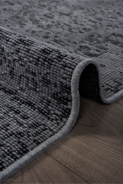 Badelya Home Gri Şönil Makinada Yıkanabilir Kaymaz Taban Saçaklı Pamuklu Halı Kilim Oturma Odası Salon Mutfak