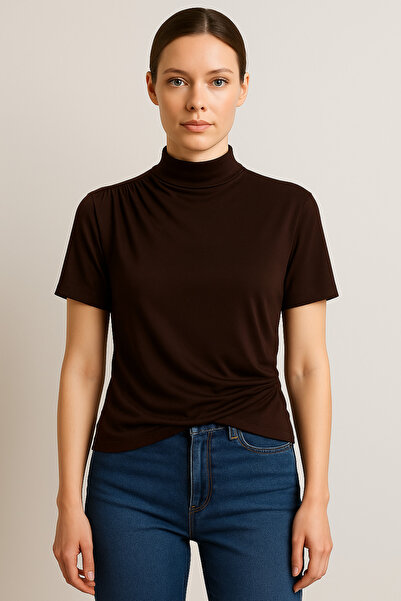 ingegno Блуза с полурибарска яка от вискозен трикотаж в цвят горчив кафяв