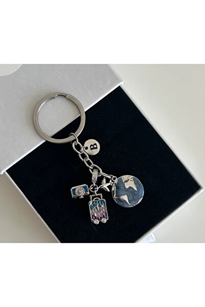 İS DESING İki Harfli Dünya Anahtarlık Silver Uçak Charmlı Lacivert