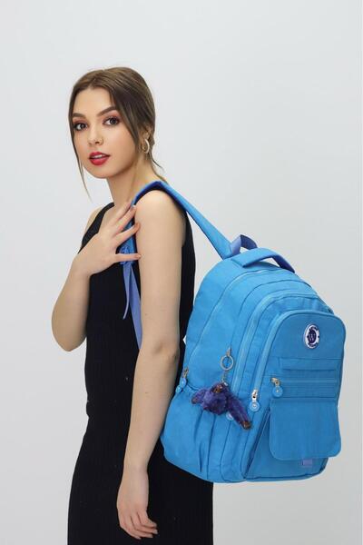 By Nilgün Akay Five-Compartment Large Backpack with Cover - Suitable for Daily Use and School, with Plush Monkey Gift