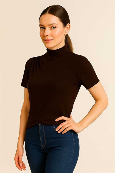ingegno Блуза с полурибарска яка от вискозен трикотаж в цвят горчив кафяв