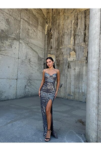 SELİN MODA EVİ Φόρεμα Trend με σχισμένο βελούδο με παγιέτες γκρι 583293