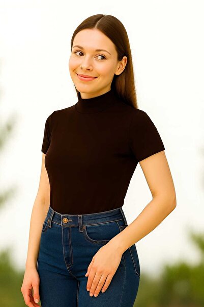 ingegno Блуза с къс ръкав и деколте тип „рибарска яка“ от трикотажна вискоза, цвят кафе