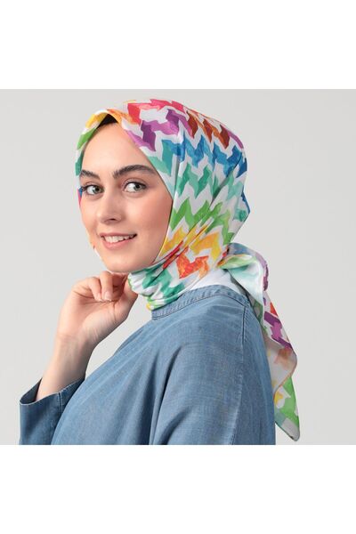 ipekistanbul Βαμβακερό μεταξωτό κασκόλ - Ζιγκ-ζαγκ σχέδιο - Λευκό