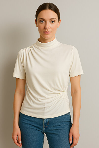 ingegno White Color Body Half Collar Half Sleeve Gathered Viscon Knitted Fabric Badi White Color