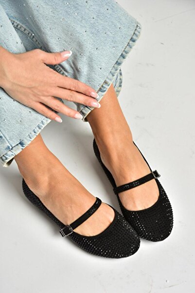 Fox Shoes U726628004 Siyah Kumaş Taş Detaylı Babet