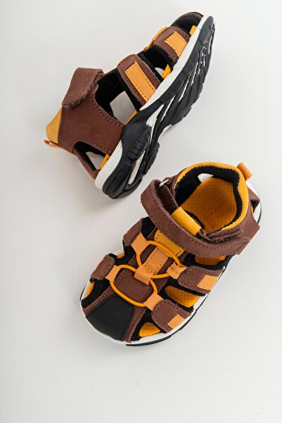 mnpc Unisex Kids Brown-yellow Leather Orthopedic Outdoor Kids Sandals