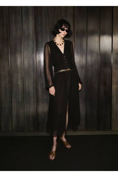 MANGO Woman Kabarık kollu şifon elbise