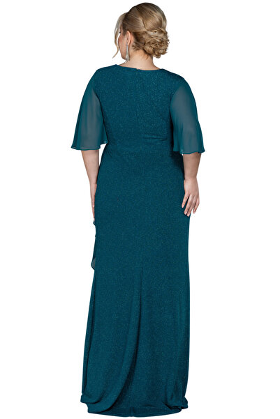 Arden Plus Size Long Evening Dress, Glitter Stone Detail Emerald Green V-Neck Short Sleeve Dress, Wedding Mother Evening Dress, 44-58