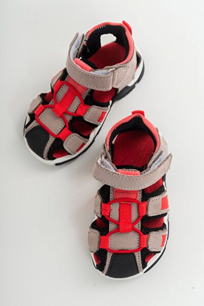 mnpc Unisex Kids Grey-Red Leather Orthopedic Outdoor Kids Sandals